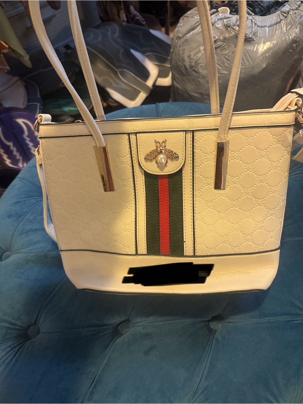 Cream Women's Tote Bag with Green and Red Stripe